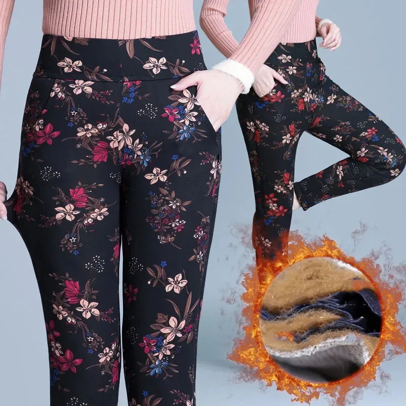 

Women 2021 Autumn Winter Middle Aged Women Velvet Elastic High Waist Leggings Pants Female Casual Thick Warm Print Trousers D03