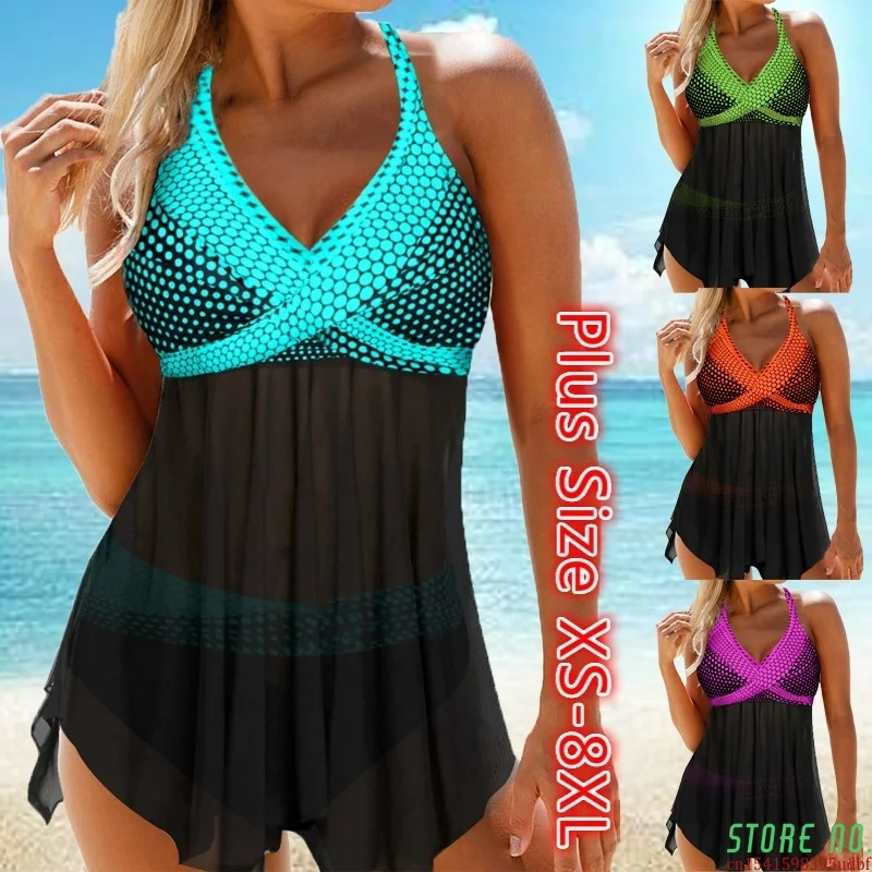 

2021 Sexy Swimwear Summer Women Plus Size Tankini Sets Stripe Print Backless Halter Two Pieces Swimsuit Beachwear Swimdress Sets