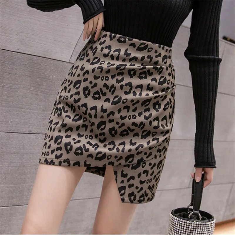 

Asymmetrical Pleated Skirt Womens Korean Style Mujer A-Line High Waist Bag Hip Leopard Print Skirts Female Sexy Short Skirt