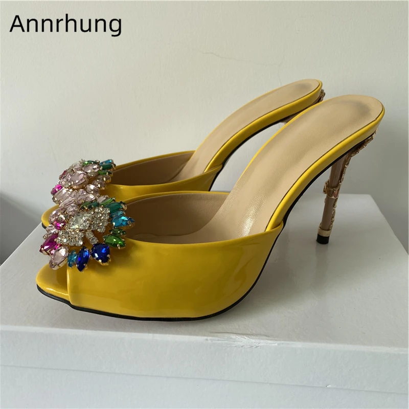 

Colorful Petal Decor Stiletto Heel Sandals Women Sexy Slingbacks Peep Toe Patent Leather Diamond Flower Mules Summer