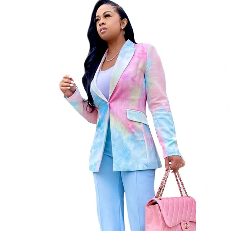 

Tie Dye Print Blazer Women Cardigan Single Button Thin Outwear Jackets Autumn New Fashion Elegant Chic Office Lady Long Blazers