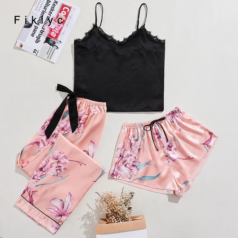 

Fiklyc Floral Print Sexy V Neck Satin Women's Pajamas Sets 3Pieces Sleeveless Summer Autumn Spring Home Temptation Nightwear New