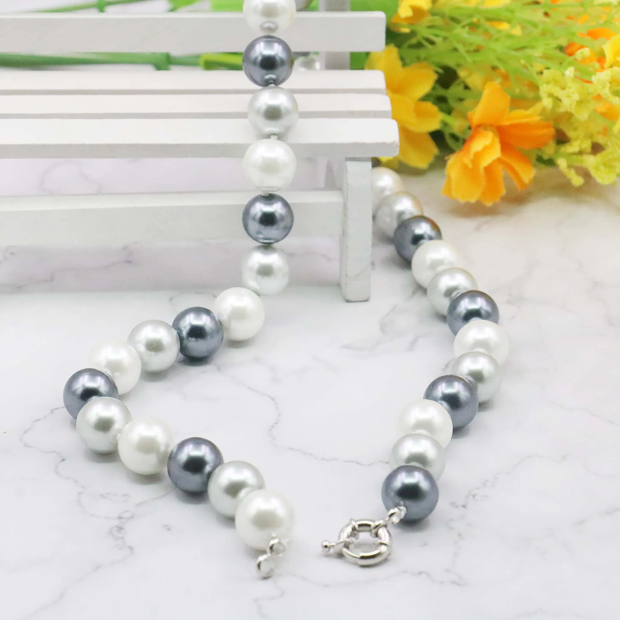 Новые модные очаровательные 12 мм элегантные белые черные серые жемчужные бусы в