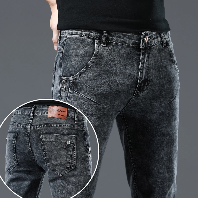 Trendy Men Skinny Jeans Retro Washed Snowflake Slim Fit Type Classic Simple Casual Fashion Street Skateboarding Denim Pants