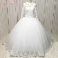 actual image wedding dresses 2020 lace up back long sleeve bridal dresses court train ball gown wedding gowns