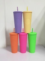 no logo 710ml 24oz double wall reusable coffee matte plastic cold water beverage studded tumbler grid pineapple cup with straw