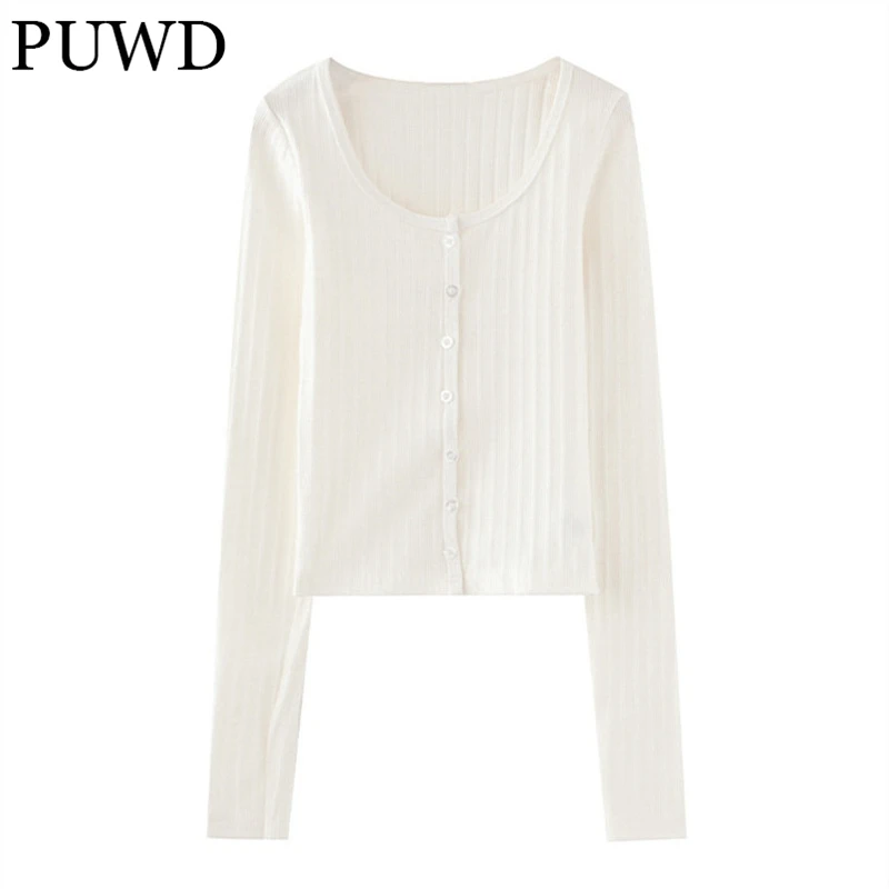 

PUWD Casual Women Solid Color Slim Shirt Long Sleeve Single Button 2022 Spring Fashion Ladies Knitwear Shirts Female Chic Tops
