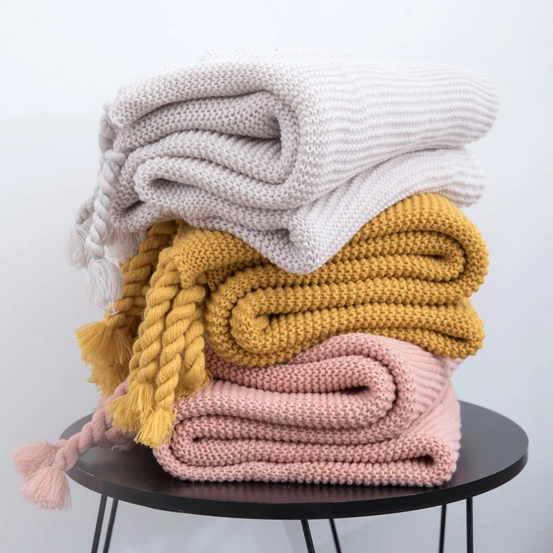 

Plain Blanket Sofa Knit Throw Blanket Ivory Pink Solid Soft Tassels Plaid Travel 130x160cm Home Sofa Chair Couch Bed 50"x62"