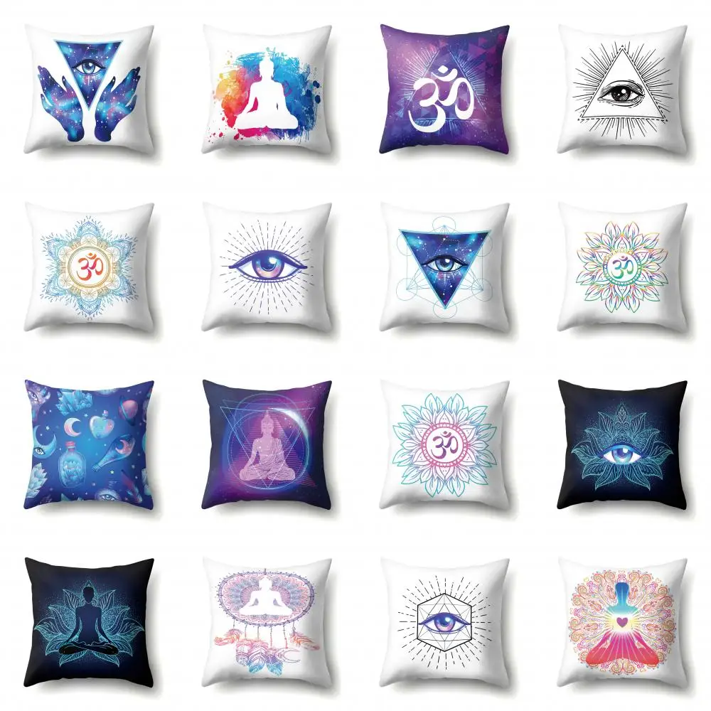 

45x45Pillow Case Home Decoration Buddha Statue Cushion Cover Eye Meditation Yoga Mandala Spiritual Tattoo Polyester Pillow Cover