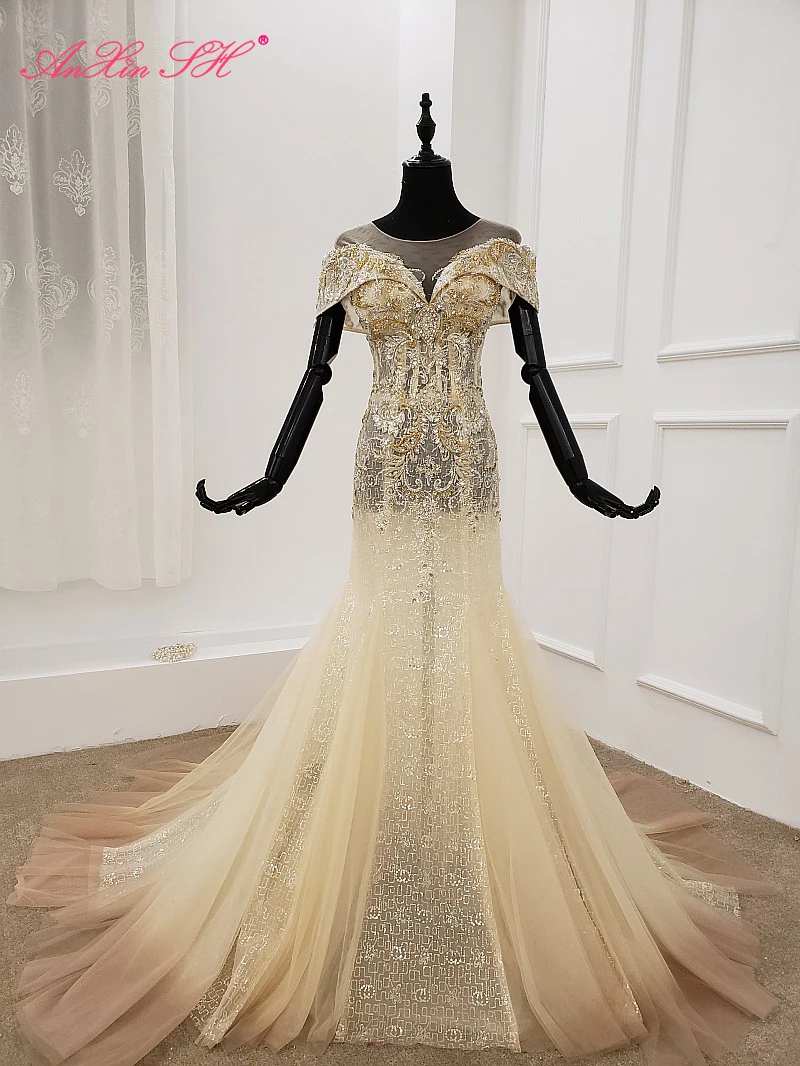 

AnXin SH Luxury princess flower champagne lace trumpet beading crystal o neck illusion mermaid wedding dress 100% real photo