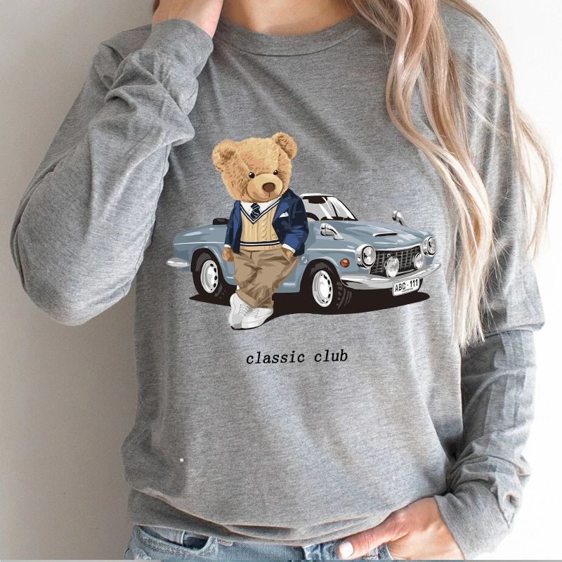 

Classic Car Teddy Bear ​Print 100% Cotton T-Shirt Spring Autumn Oversize Round Neck Couple Fashion Casua Long Sleeve T-Shirt S-4