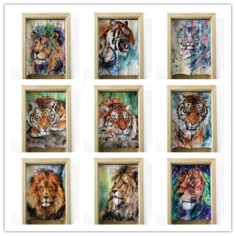 Tiger lion curtain cotton linen art bedroom living room partition porch half bathroom kitchen shade | Дом и сад