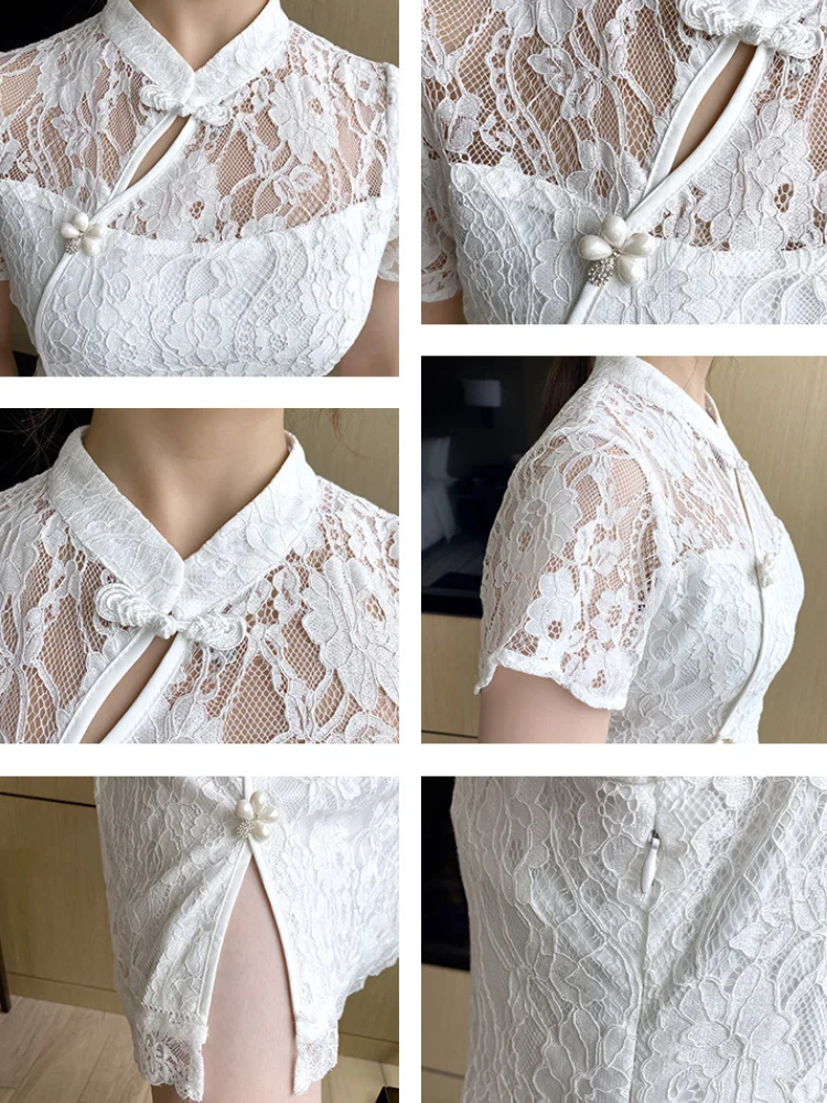 

Plus Size Dress White Dress Women's Cheongsam Flower Button Half High Collar Chinese Style Lace Cheongsam Dress L-4XL