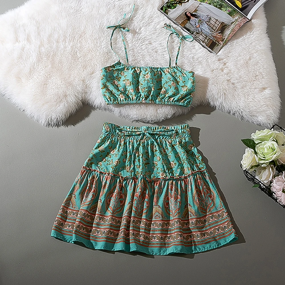 

Лето 2020 с цветочным рисунком комплект из двух предметов зеленый принт Топ Для женщин с юбкой нарядная Праздничная Цветочный принт Женский к...