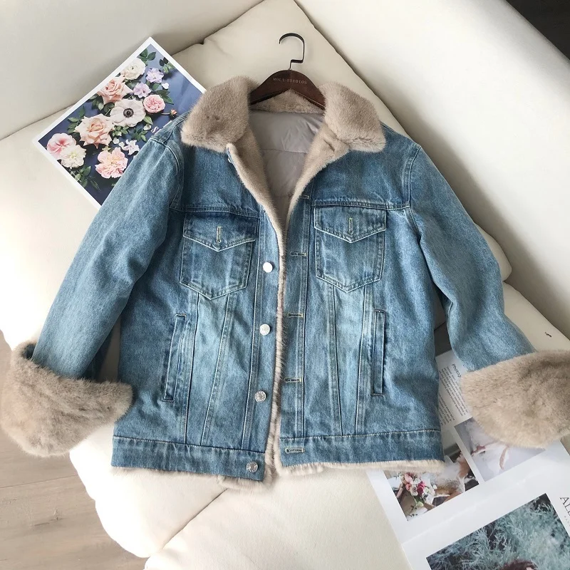 Winter leather Denim Jacket Women Real Natural mink Fur Coat Duck Down Thick Warm cowboy Parka casual luxury | Женская одежда