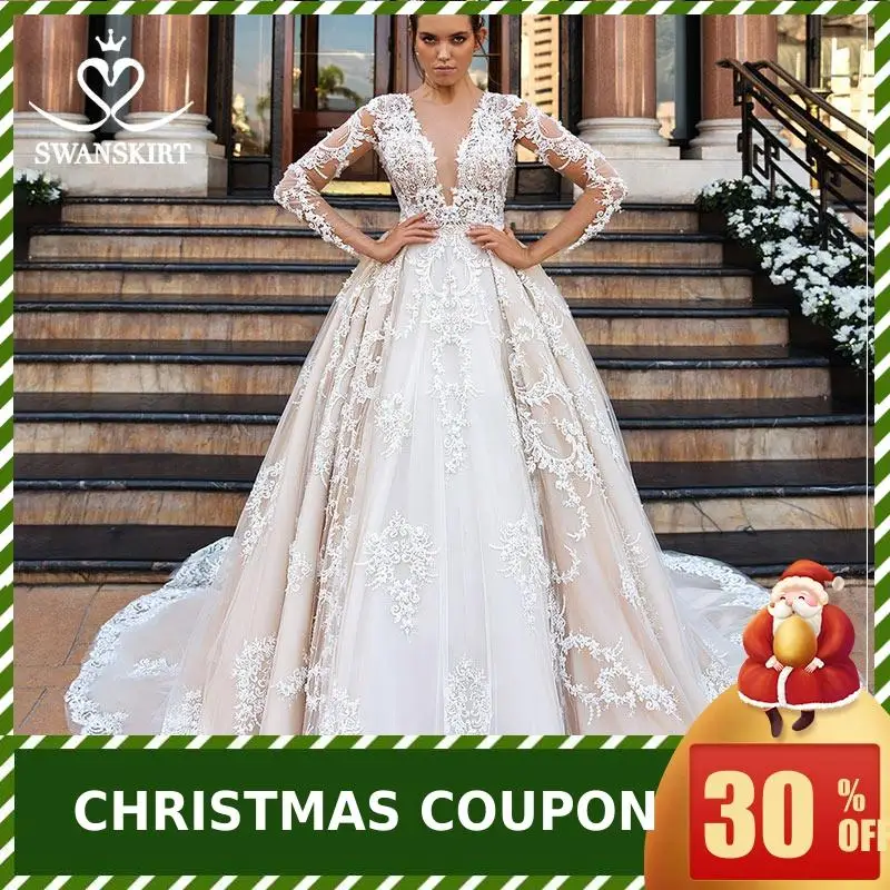 Роскошные свадебные платья Swanskirt с длинным рукавом и аппликацией, новинка, Свадебное бальное платье принцессы с длинным шлейфом, Vestido De Noiva F173