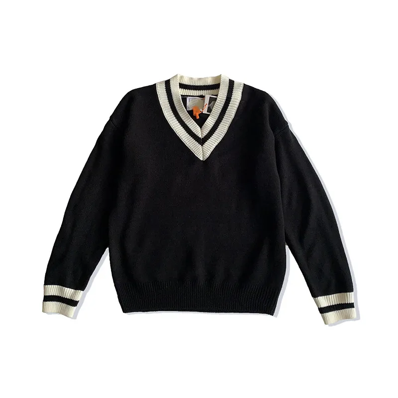 

Spring Sweaters Preppy Knitted V-Neck Loose Women Sweater Casual Plus Size Black White Stripes Couple Pullover Sweater Coat
