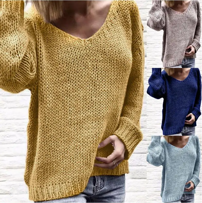 Сексуальный вязаный свитер с v-образным вырезом для женщин 2019 Повседневный