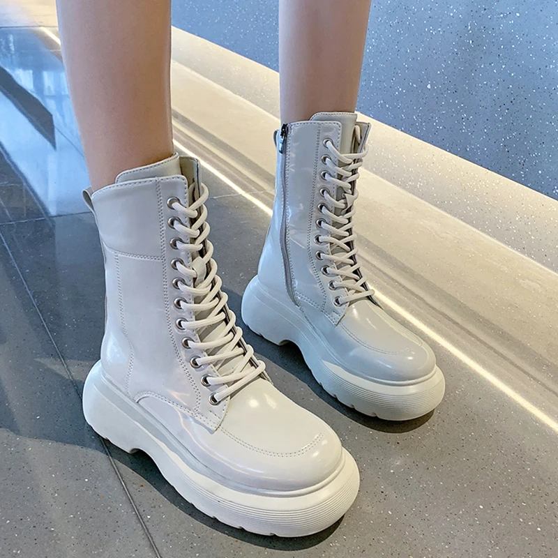 

Rimocy Patent Leather Chunky Ankle Boots for Women 2021 Waterproof Lace Up Platform Motorcycle Boots Woman Thick Bottom Shoes