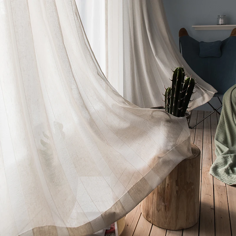Beige Linen Stripe Sheer Tulle Curtains For Living Room Modern Curtains For Bedroom Window Voile Custom Curtains