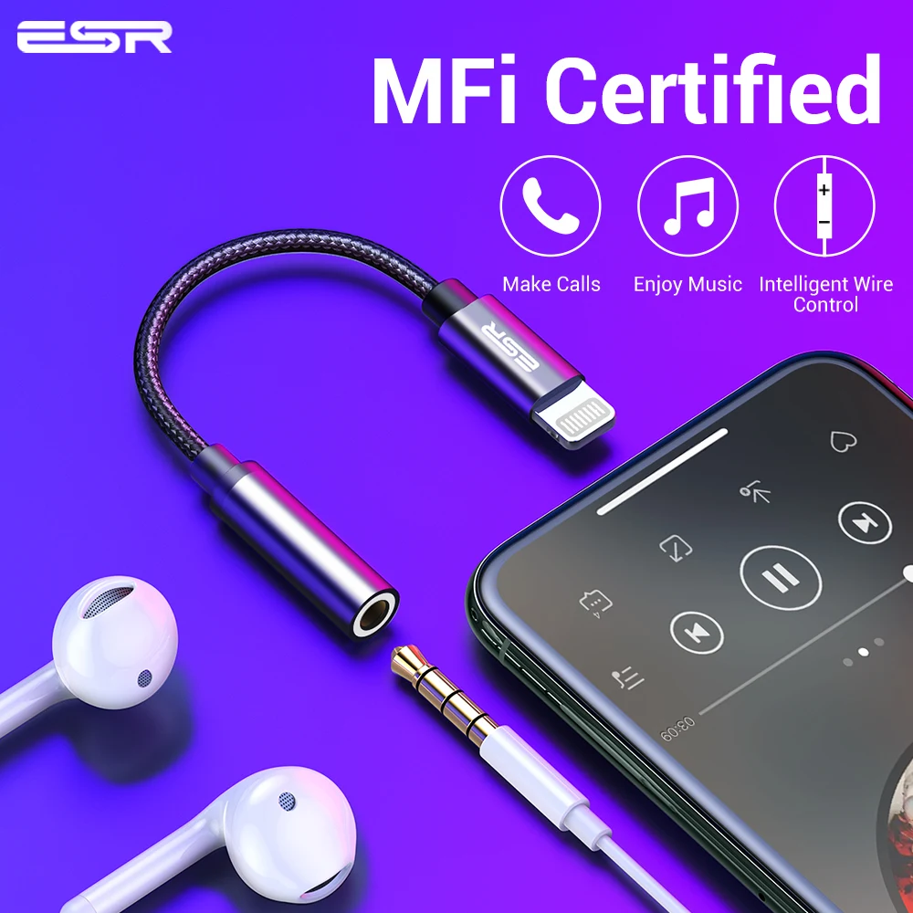Адаптер ESR для Lightning MFI 3 5 мм разъем наушников Aux аудио iPhone 11 Pro Max 7 8 Plus XR XS X адаптер