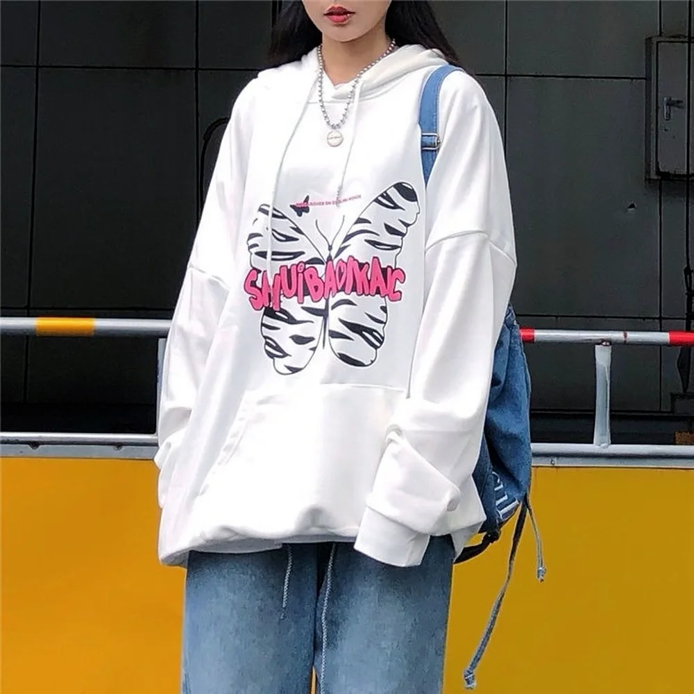 

women coat autumn winter Harajuku Korean retro butterfly loose-fitting top hooded with velvet student sweatshirt kawaii hoodie