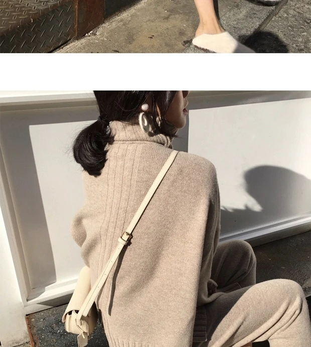New arrival Autumn winter Knitted Tracksuit Turtleneck Sweatshirts for Women Suit Clothing 2 Pcs Set Knit top Pants suit Female