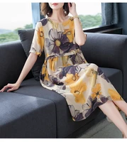 Mid-length dress simulation silk female 2019 summer loose large size fashion printing yellow simple generous vestidos D317