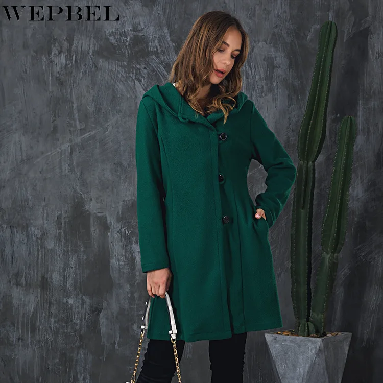 

WEPBEL Woolen Coat Autumn Winter Solid Color Slim Fit Pocket Coat Women's Long Sleeve Single-Breasted Hooded Woolen Coat
