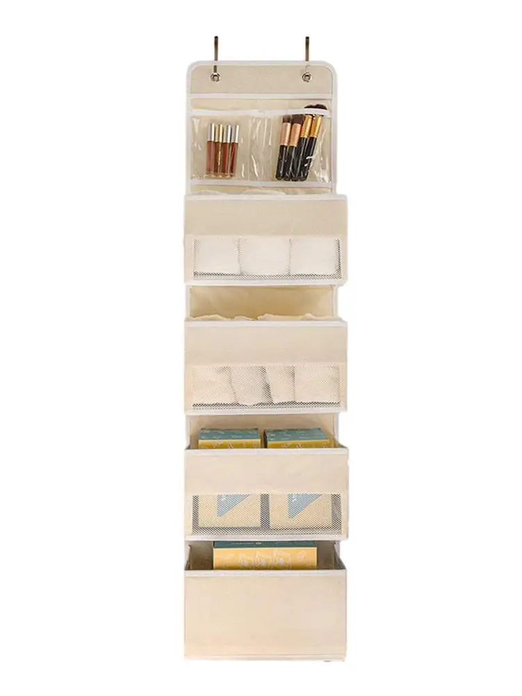 

Настенный органайзер для хранения вещей в шкафу, с 2 регулируемыми крючками и полупрозрачными карманами для косметики