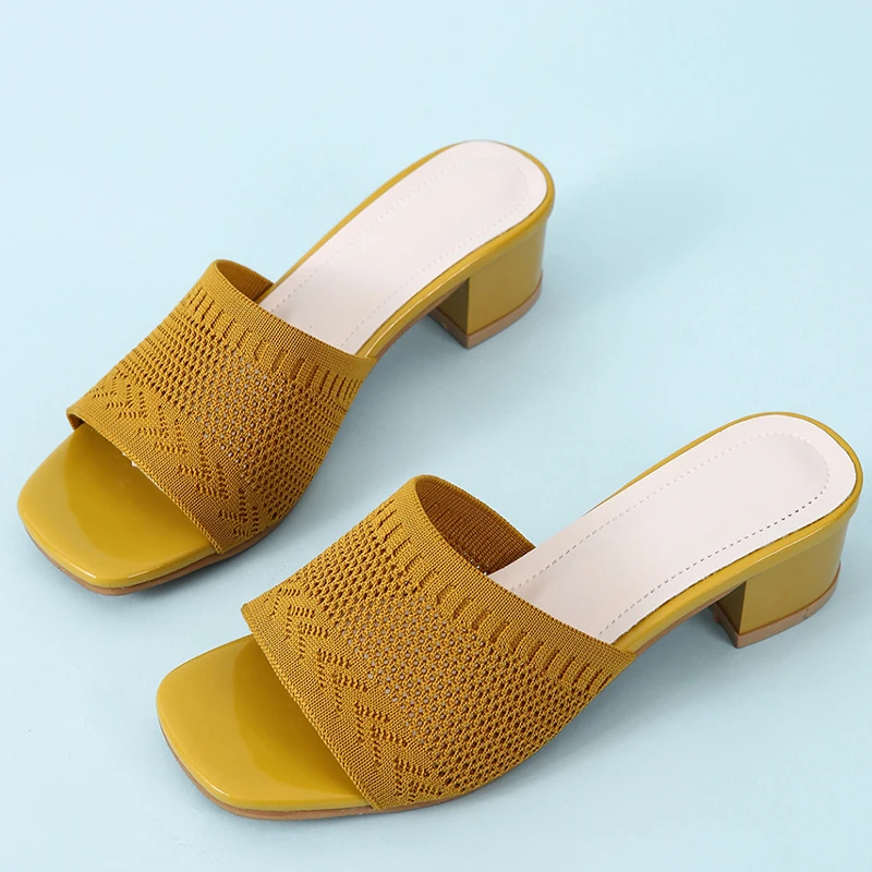 

Ladies New Slippers Square Toe Med Heels Flip Flops Shoes Women 2022 Summer Mesh Slides Female Rome Slippers For Woman Shoes
