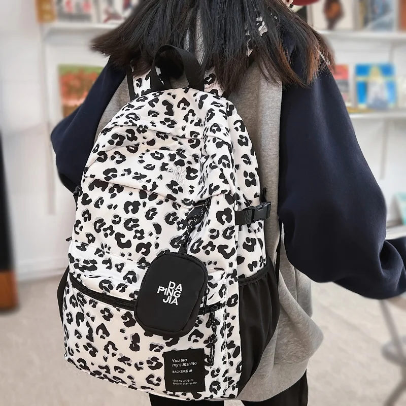 

Trendy New Women Leopard Set Student Backpack Fashion Lady Kawaii Nylon Bag Female Laptop Cute Backpack Girl Travel College Bags