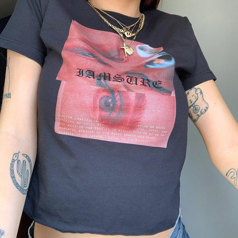 

Rockmore Graphic Print Crop Top Women Y2K Crewneck Short Sleeve T Shirts Cropped Baby Tee Vintage T-Shirt Harajuku Summer Gothic