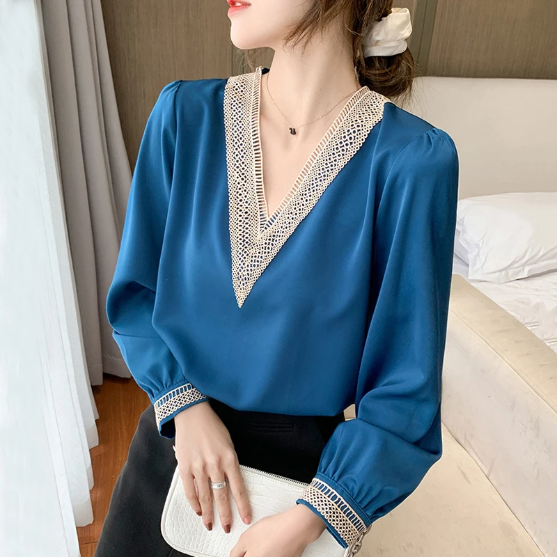 

Satin Blouse Women Elegant Lace Patchwork Long Sleeve Korean Office Lady Chiffon Shirt Hollow V Neck Blouses Femme White Tops