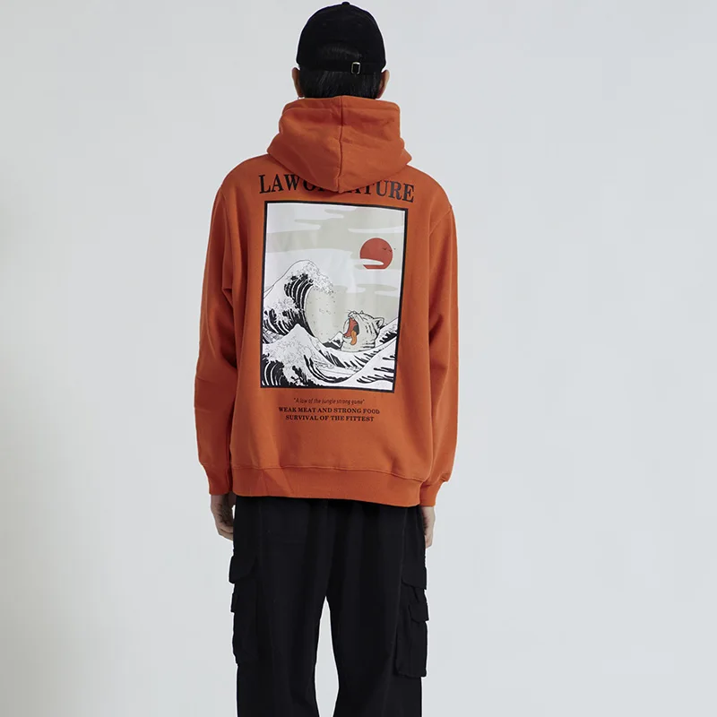Japanese hoodies men Embroidery Funny Cat Wave harajuku Printed fleece hip hop streetwear winter sport brand sweatshirts | Мужская