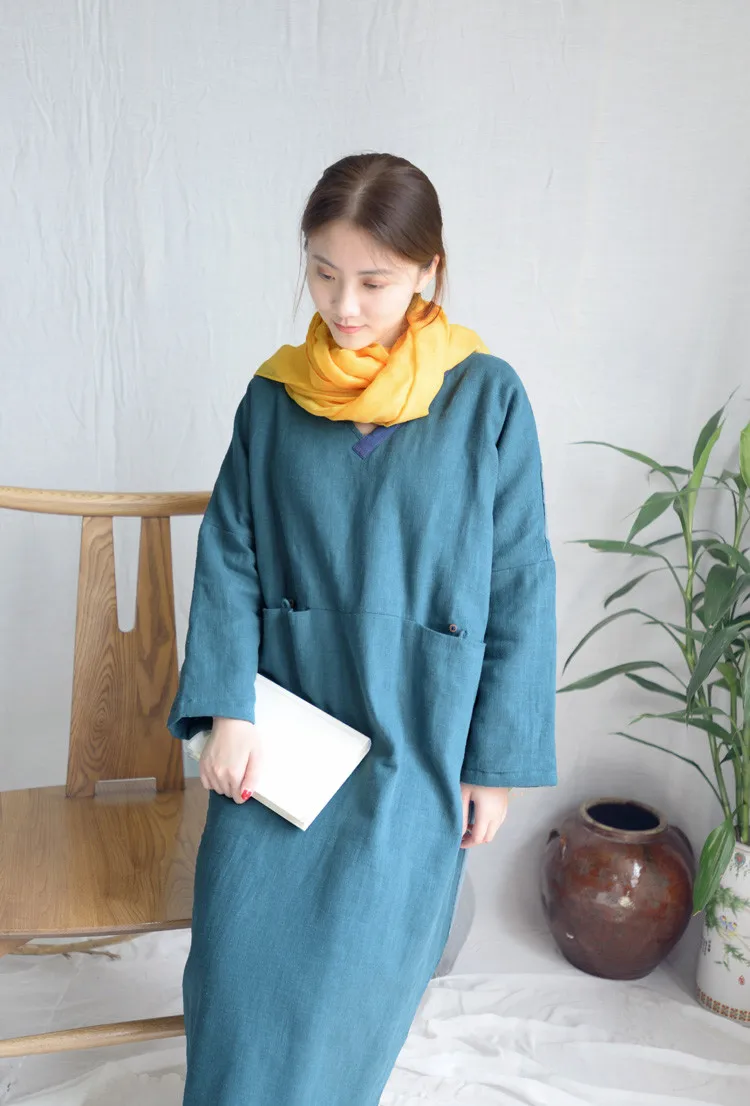 SCUWLINEN/ Женское зимнее платье, однотонное, с v-образным вырезом, в стиле пэчворк, в стиле ретро, плотное, теплое, свободное, с хлопковой подкладкой, длинное платье дзен, S1004