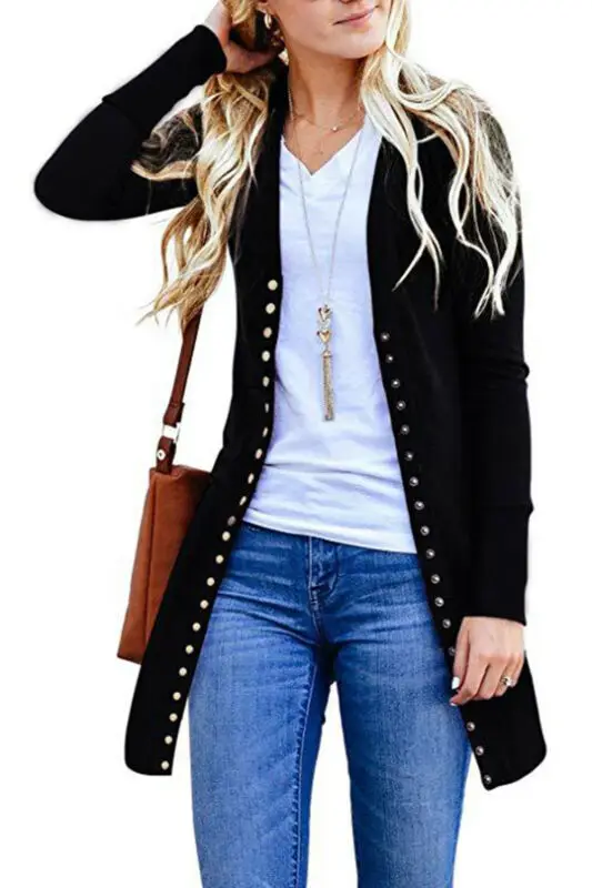 

Women Casual Knitted Solid Long Clothing Button Long Sleeve Open Front Cardigan Sweater Button Down Outwear Coat