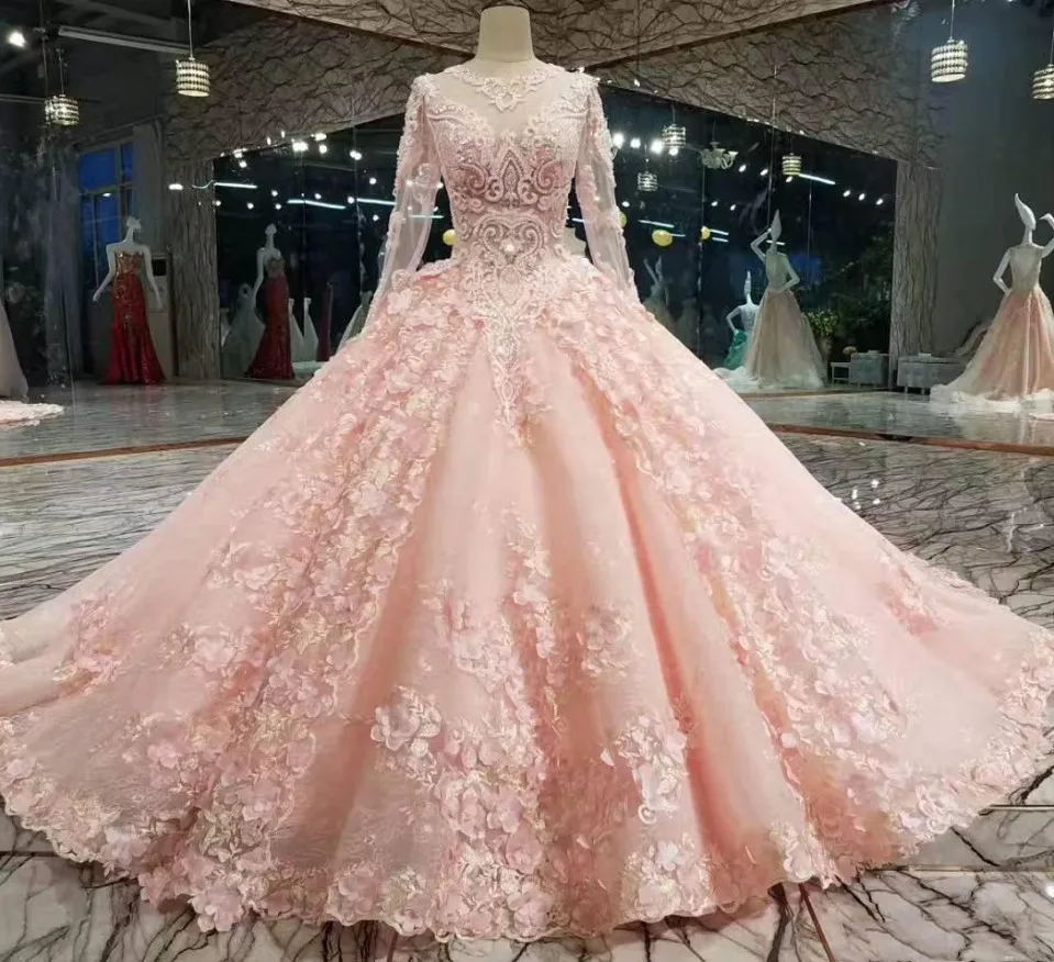 

Жемчужное Розовое Бальное Платье с 3D цветами, свадебные платья, роскошное кружевное платье с длинными рукавами, искусственное арабское пла...