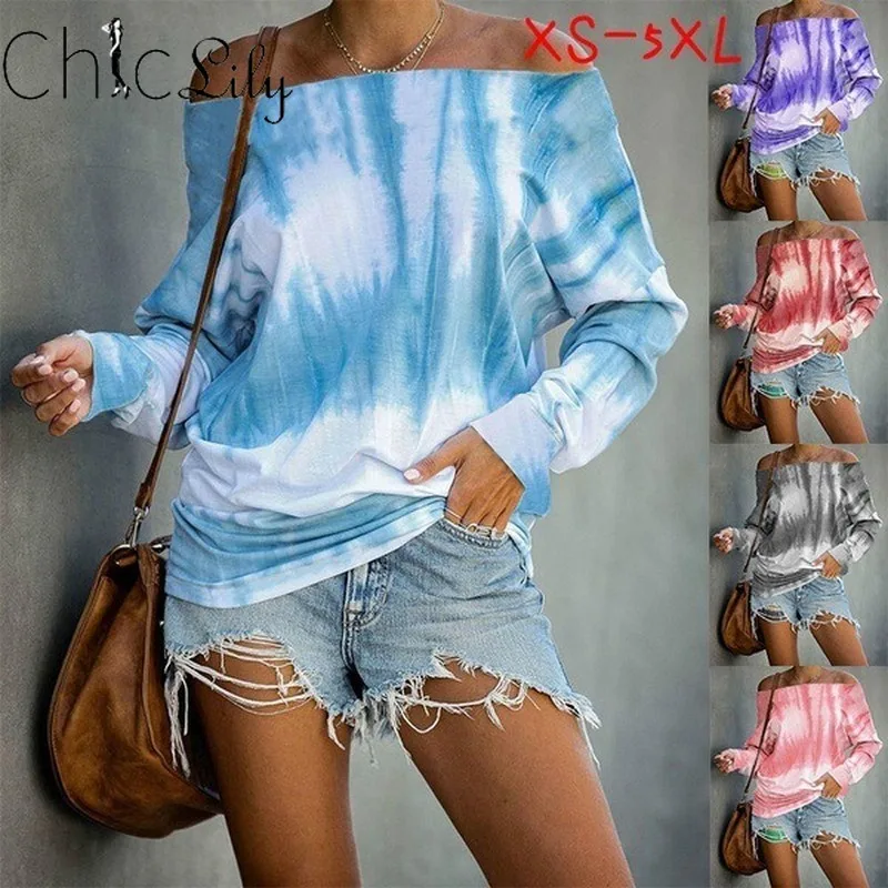 

Chiclily Off Shoulder Tie Dye Printed T-shirt Long Sleeve Slash Neck Fashion Casual Top Street Style Plus Size S-5XL