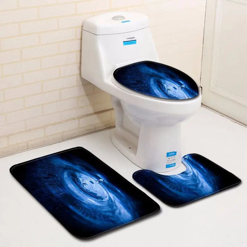 

3pcs/set Blue Black Color Waterdrop Bathroom Floor Mat Set Home Decor Shower Velvet Toilet Cover Bath Door Carpet Mats and Rugs