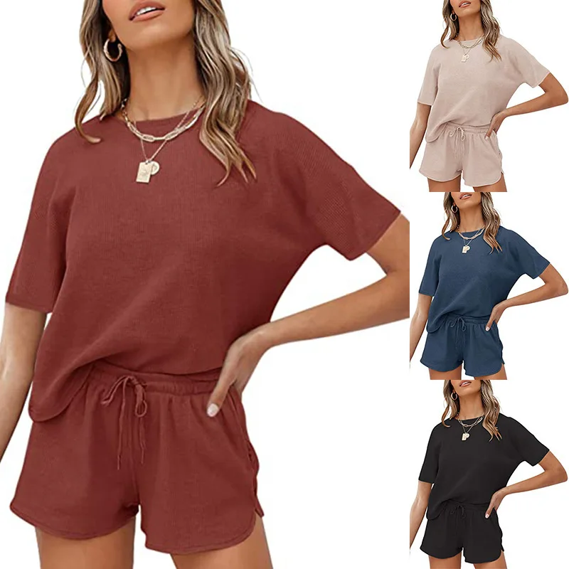 

2021 Summer Women's Pajama Set Solid Color Short Sleeve Casual Homewear Set 2-piece Set