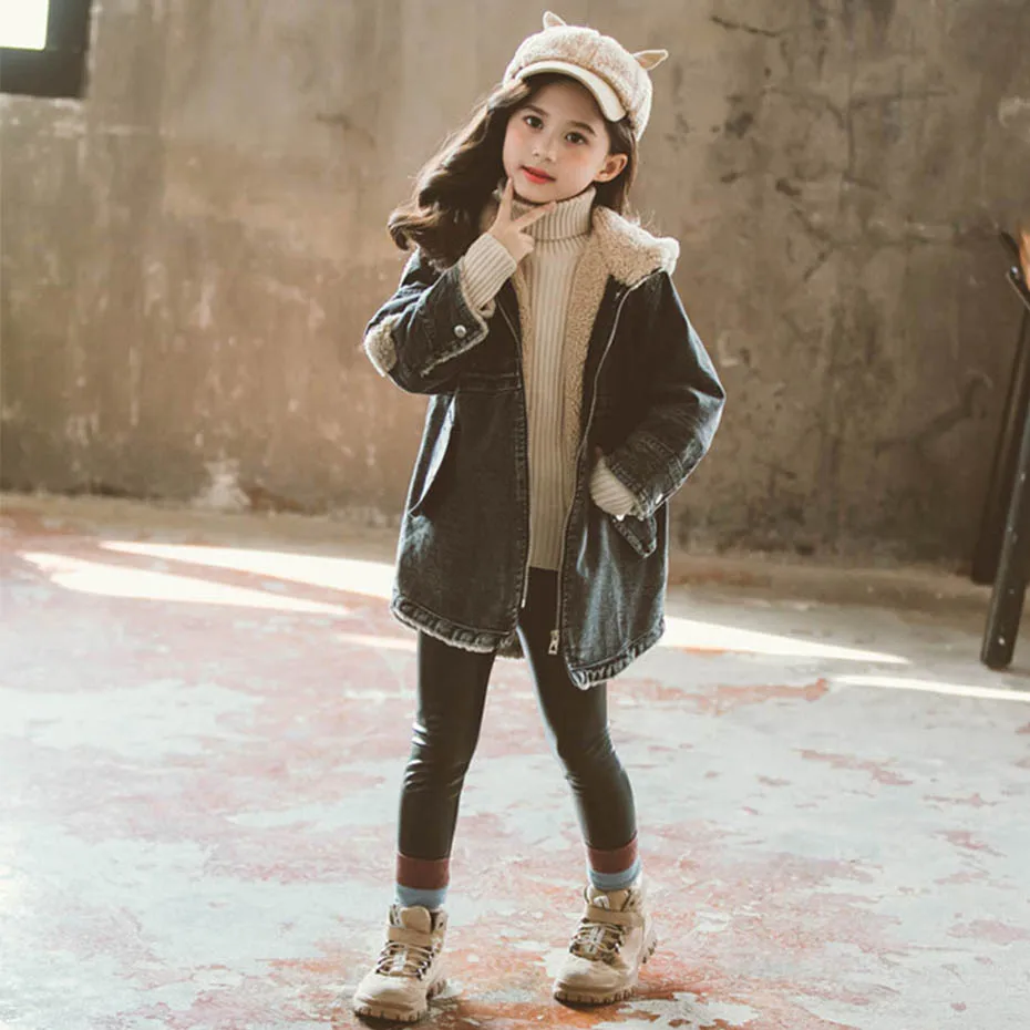 Kids Jacket Thick Plus Velvet Denim Jacket For Girls Patchwork Hooded Children's Windbreakers Fashion Girls Winter Clothes Party