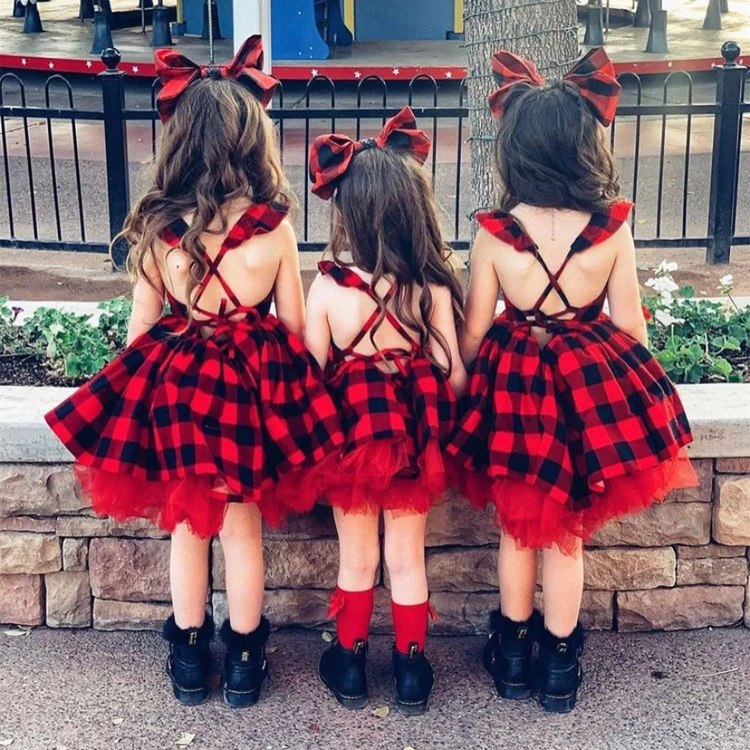 

Christmas Infant Princess Baby Girls Red Plaid Backless Dresses Casual Two-piece Clothes Set, Sleeveless Dress and Headdress
