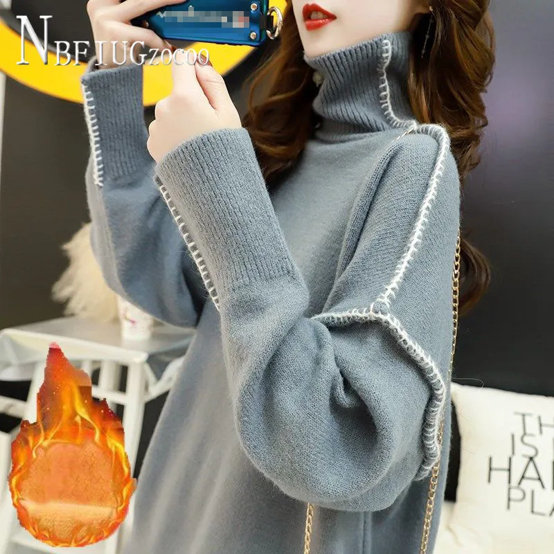 

Lining With Fluff Winter Women Sweater New Turtleneck Loose Korean Pullover Knitting Female Bottoming Sweaters