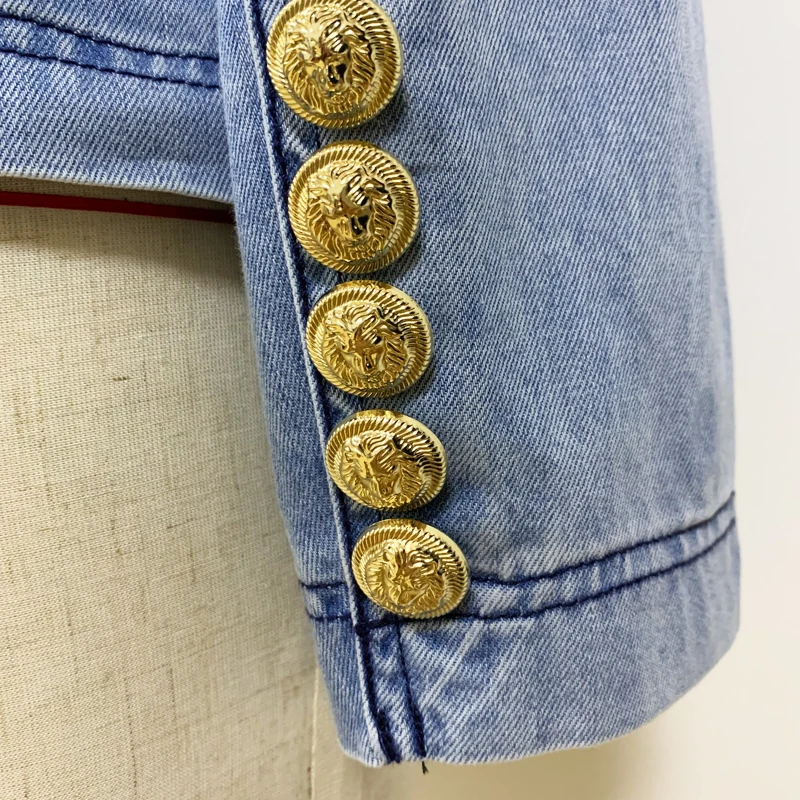 

STREET 2021 HIGH New Fashion Designer Blazer Women's Double Breasted Metal Lion Buttons Belted Soft Denim Jacket Blazer