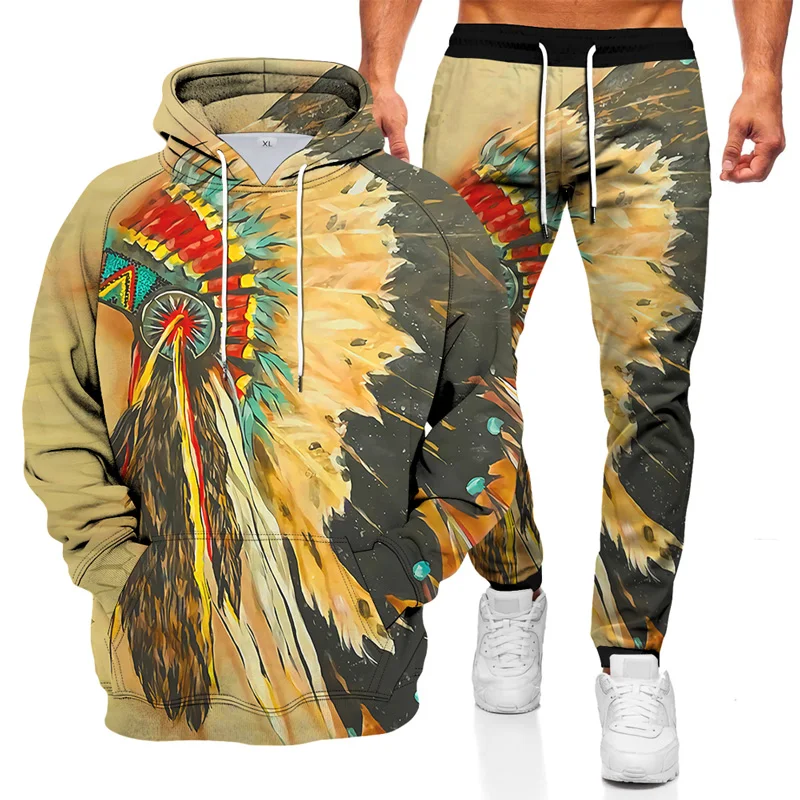 

Autumn New Men's Character Printing Color Matching Casual Sportswear Suit Hoodies Sweater Trousers 2 Pieces Suits Sweatshirt