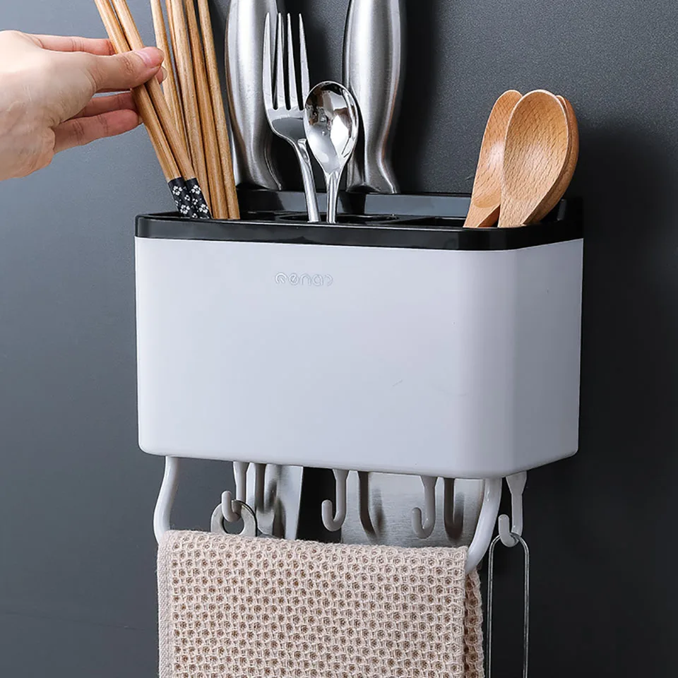 

Wall Mounted Chopstick Shelf Punch-free Hollow Drain Knife Holder Kitchen Chopsticks Spoon Knife Kitchenware Storage Shelf