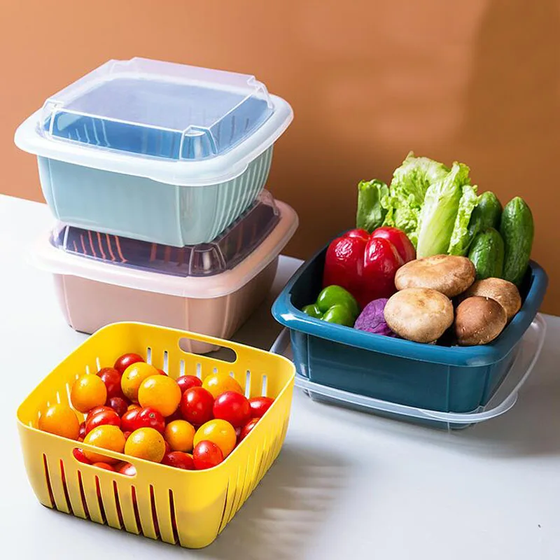 

Drain Basket Kitchen Accessories Double-layer Organizer Fruit Vegetable Storage Box Vegetable Washing Refrigerator Drain Basket