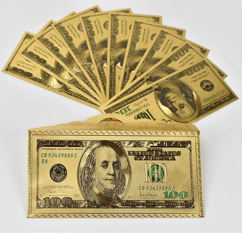 10pcs 100 Dollar Bills Fake Money 24K Gold Plated Dollars Decoration Gold Gifts Decoration America  gift Gold banknotes
