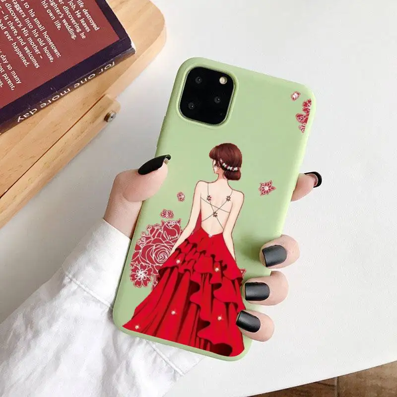 

Fashion red dress girl marry couple Phone Case Green Candy Color for iPhone 6 7 8 11 12 s mini pro X XS XR MAX Plus